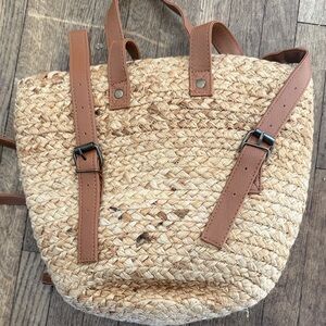 Natural Woven Backpack with Brown Straps
